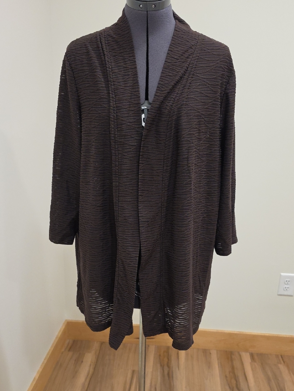 JM Collection Brown Ribbed Open-Front Cardigan